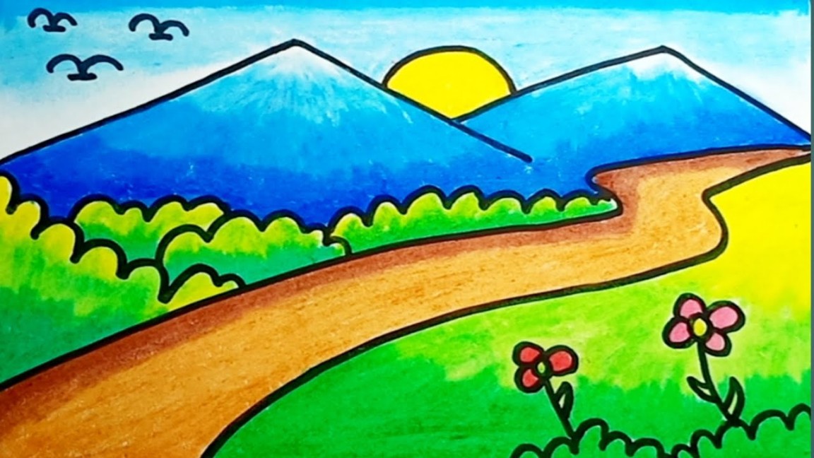Cara Menggambar Pemandangan Gunung Yang Mudah Sekali How To Draw Mountain  Scenery Simple